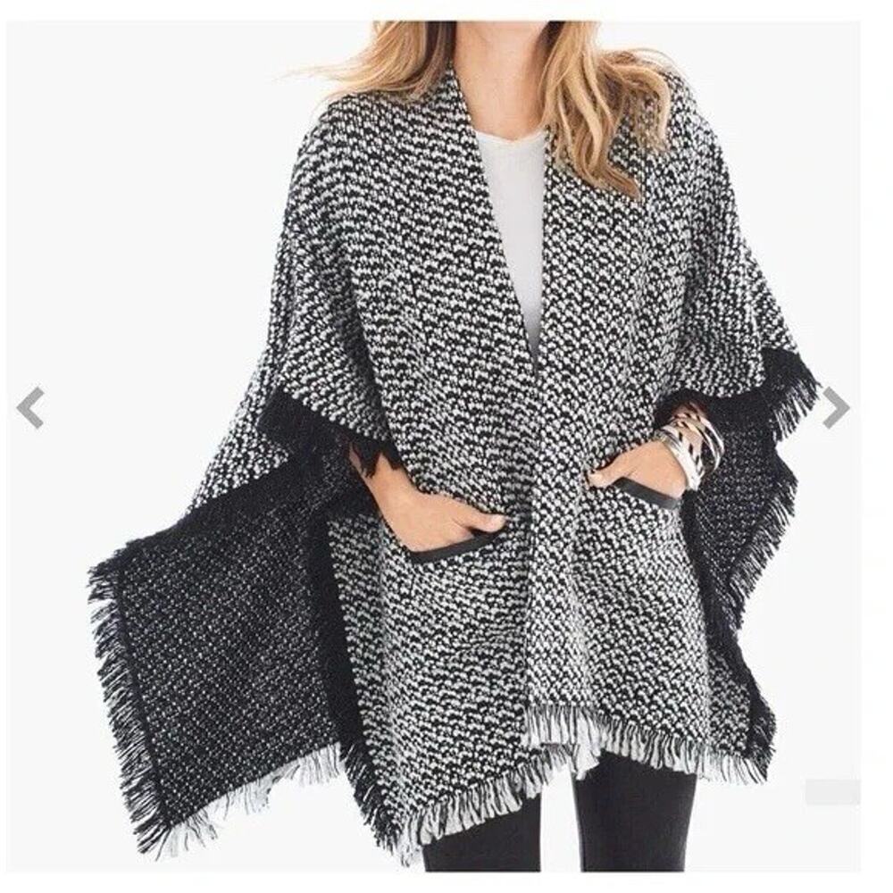 Chico's Jayne Fringe Wool Blend Ruana One Size OS Black White Wrap Pocket Boho